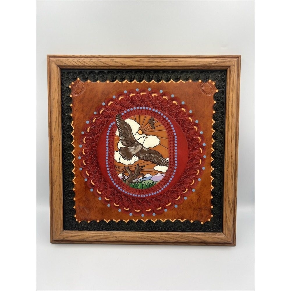 VTG Southwestern Tooled Leather Wall Plaque Bald Eagle Desert Scene 13.5"‎ Rare